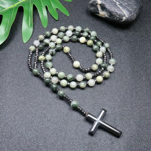 Paidrín muince, Green Grass Stone, le Hematite, Cross, jewelry faisin & unisex, dathanna measctha, 110mm, Fad Thart 78 cm, Díolta De réir PC