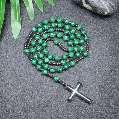 Collier de chapelet, Malachite, avec Hématite, croix, bijoux de mode & unisexe, couleurs mélangées, 110mm, Longueur Environ 78 cm, Vendu par PC