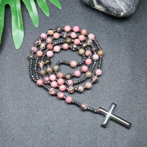 Paidrín muince, Black Stripes Rhodochrosite Stone, le Hematite, Cross, jewelry faisin & unisex, dathanna measctha, 110mm, Fad Thart 78 cm, Díolta De réir PC