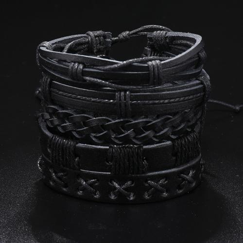 Bracelets cordon PU, cuir PU, avec corde de cire, fait à la main, 5 pièces & multicouche & unisexe, noire, Longueur Environ 17-24 cm, Vendu par fixé