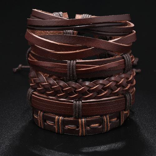 Pulseiras de fio de PU, Couro do plutônio, with Fio de cera, feito à mão, 6 peças & Ajustável & multicamada & unissex, marrom, comprimento Aprox 17-24 cm, vendido por Defina