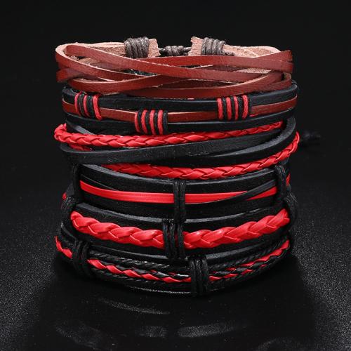 Pulseiras de fio de PU, Couro do plutônio, with Fio de cera, feito à mão, 6 peças & Ajustável & multicamada & unissex, comprimento Aprox 17-24 cm, vendido por Defina