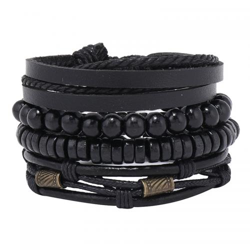 PU Cord Armband, med Vax & Trä & Zink Alloy, handgjord, 4 stycken & Justerbar & flerskikts & Unisex, svart, Längd Ca 17-24 cm, Säljs av Ställ