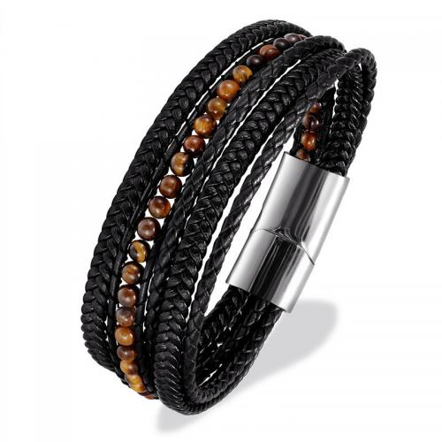 PU Leather Cord Bracelets with Natural Stone & 304 Stainless Steel vintage & Unisex 12mm Length 21 cm Sold By PC