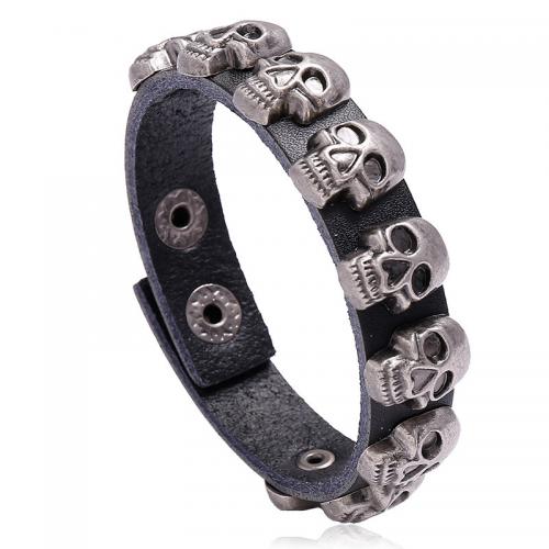 PU Cord Armbånd, med Jern & Zinc Alloy, Skull, punk stil & for mennesket, flere farver til valg, 15mm, Længde 22 cm, Solgt af PC