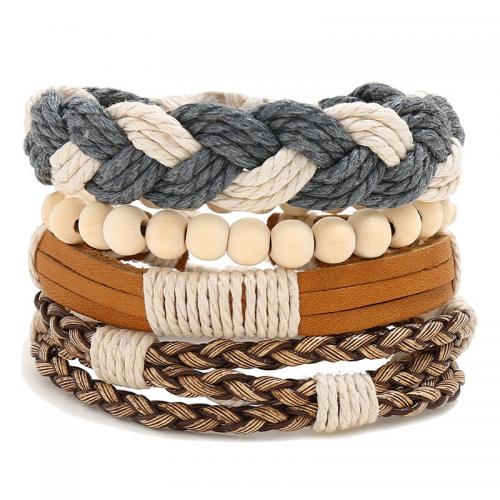 PU Schnur Armbänder, PU Leder, mit Hanfgarn & Wachsschnur & Holz, 4 Stück & Punk-Stil & unisex & einstellbar, keine, extender chain length8-9cm*2, Länge ca. 17-18 cm, verkauft von setzen