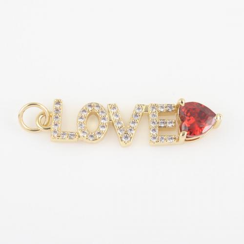 Messing hanger met micro-paved kubieke zirconia's, De Brief van het alfabet, gold plated, DIY & micro pave zirconia, rood, nikkel, lood en cadmium vrij, 32.70x7.20x3.90mm, Verkocht door PC