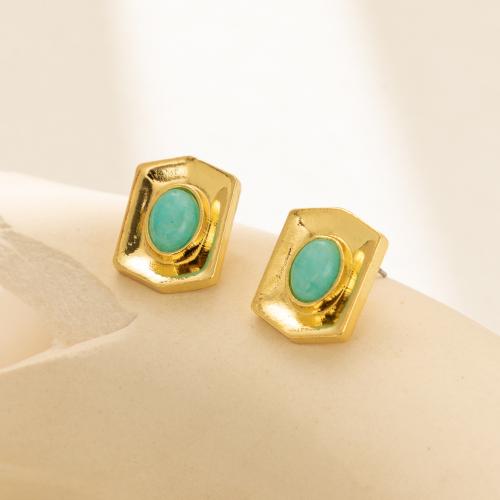 Pendientes de Perno de Aleación de Zinc, con Piedra natural, Hexágono, chapado, Joyería, dorado, libre de níquel, plomo & cadmio, 14x18mm, Vendido por Par