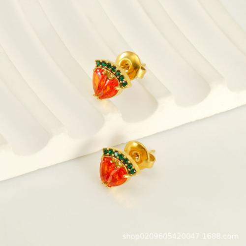 Roestvrij staal Stud Earrings, 304 roestvrij staal, met Cubic Zirconia, fruit, mode sieraden & voor vrouw, gouden, nikkel, lood en cadmium vrij, 7mm, Verkocht door pair