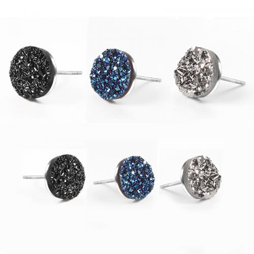 925 Sterling Silver Stud náušnice, s Přírodní Quartz, Kolo, druzy styl & unisex & různé velikosti pro výběr, více barev na výběr, Prodáno By PC