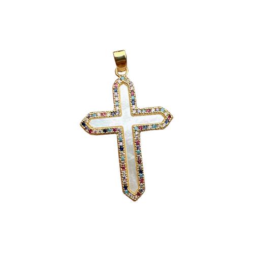 Kubik Zirkonium mikro bana Mässing hängande, med White Shell, Cross, guldfärg pläterade, mode smycken & DIY & micro bana cubic zirconia, gyllene, nickel, bly och kadmium gratis, 23.10x38.30mm, Säljs av PC