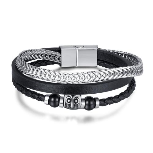 Bracelets cordon PU, cuir PU, avec Acier inoxydable 304, hibou, Vintage & pour homme, noire, Longueur 205 mm, Vendu par PC