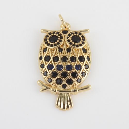 Cubic Zirconia Micro Pave Brass Pendant Owl gold color plated DIY & micro pave cubic zirconia black Sold By PC