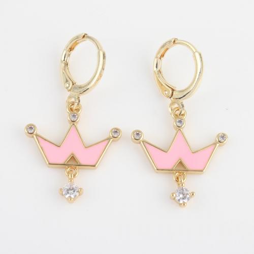 Cubic Zirconia Micro Pave Brass Earring Crown gold color plated micro pave cubic zirconia & for woman & enamel pink nickel lead & cadmium free Sold By Pair