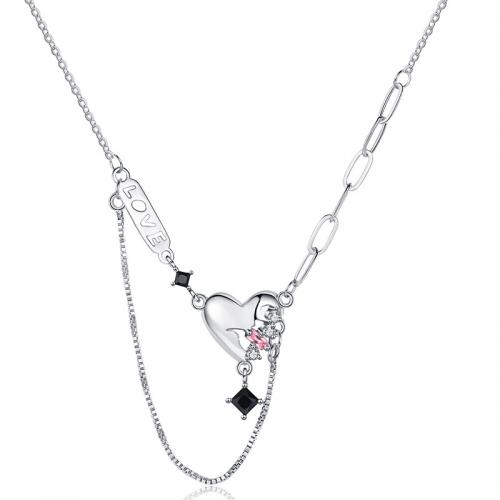 Collier en laiton, avec 5cm chaînes de rallonge, coeur, bijoux de mode & pour femme & avec strass, protéger l'environnement, sans nickel, plomb et cadmium, Longueur Environ 40 cm, Vendu par PC