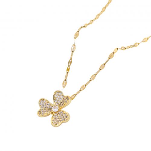 Titantium acciaio collana, Three Leaf Clover, placcato, Catena di pezzi intrecciati & per la donna & con strass, nessuno, Lunghezza Appross. 17.7 pollice, Venduto da PC