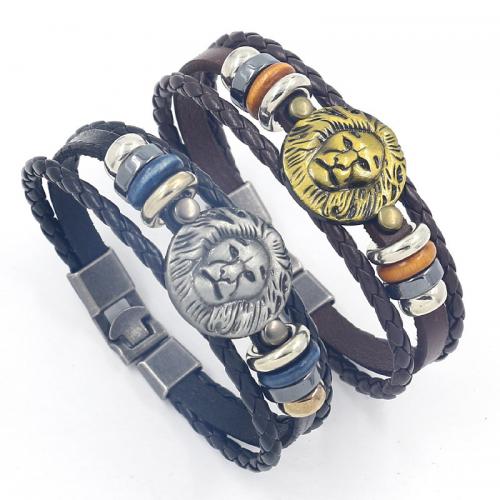 Cowhide Bracelet, le PU & Sinc Alloy, Lion, plátáilte, multilayer & do fear, dathanna níos mó le haghaidh rogha, Fad Thart 8.3 Inse, Díolta De réir PC