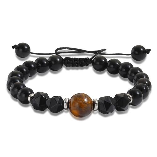 Edelsteen armbanden, Black Diamond, met Knoopkoord & Tiger Eye & Messing, Ronde, silver plated, Verstelbare & mode sieraden & uniseks, gemengde kleuren, nikkel, lood en cadmium vrij, Verkocht door PC