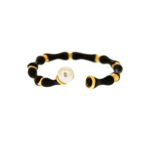 Brass Finger Ring with Plastic Pearl gold color plated fashion jewelry & for woman & enamel black nickel lead & cadmium free Minimum inner mm Sold By PC