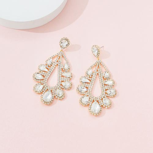 Messing Drop Earring, Teardrop, forgyldt, for kvinde & med rhinestone & hule, flere farver til valg, 44x80mm, Solgt af par