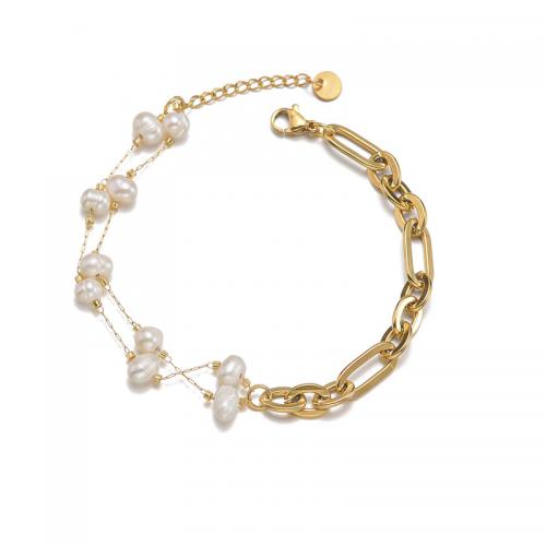 Roestvrij staal armbanden, 304 roestvrij staal, met Plastic Pearl, met 1.18inch extender keten, 14K vergulde, mode sieraden & voor vrouw, gouden, Per verkocht Ca 7.48 inch Strand