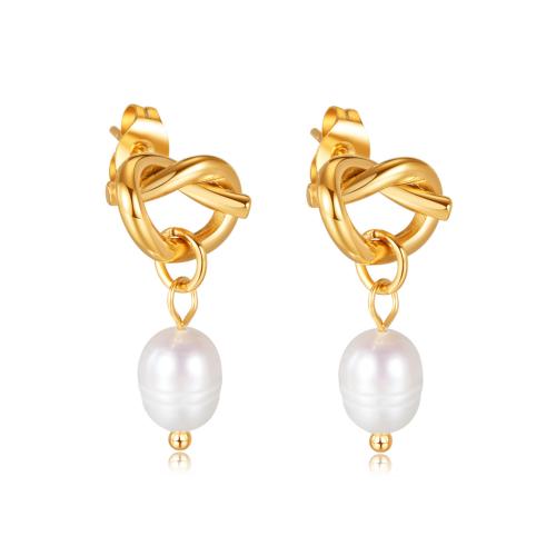 Stainless Steel Drop Earring 304 Stainless Steel with Freshwater Pearl Heart Vacuum Ion Plating fashion jewelry & for woman Sold By Pair