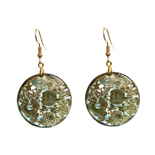 Oorbellen, Abalone Schelp, met Zinc Alloy, Ronde, gold plated, voor vrouw, gemengde kleuren, 30x30mm, Verkocht door pair