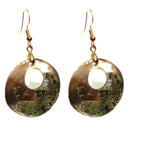 Oorbellen, Abalone Schelp, met Zinc Alloy, Ronde, gold plated, voor vrouw, geel, 30x30mm, Verkocht door pair