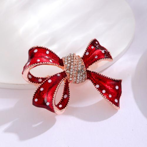 Zinklegering broches, Zinc Alloy, Strik, plated, mode sieraden & glazuur & met strass, rood, nikkel, lood en cadmium vrij, 43x40mm, Verkocht door PC