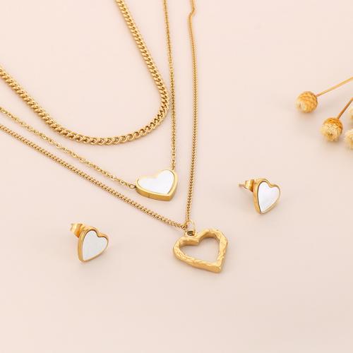 Conjuntos de joyería de acero inoxidable, Pendiente de stud & collar, acero inoxidable 304, con Nácar, Corazón, chapado en color dorado, diferentes estilos para la opción & para mujer, libre de níquel, plomo & cadmio, Vendido por Set