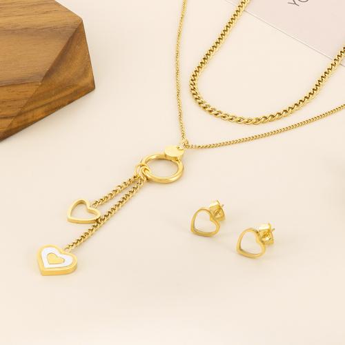 Conjuntos de joyería de acero inoxidable, Pendiente de stud & collar, acero inoxidable 304, con Nácar, Corazón, 18K chapado en oro, diferentes estilos para la opción & para mujer, libre de níquel, plomo & cadmio, Vendido por Set