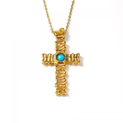 Colar de aço titânio, Partículas de aço, with turquesa, with 5CM extender chain, Cruz, para mulher, dourado, comprimento Aprox 45 cm, vendido por PC