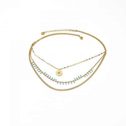 Titanium Steel Necklace with turquoise with 5CM extender chain Vacuum Ion Plating for woman & enamel golden Length Approx 40 cm Sold By PC