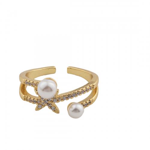 Kubieke Circonia Micro Pave Brass Ring, Messing, met Plastic Pearl, 14K vergulde, mode sieraden & micro pave zirconia & voor vrouw, nikkel, lood en cadmium vrij, 23x21x3mm, Binnendiameter:Ca 18mm, Verkocht door PC