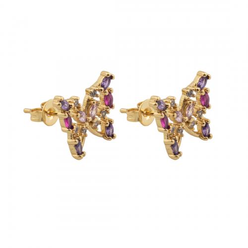 Boucles d'oreilles en laiton zircon cubique pavent, Plaqué d'or 14K, bijoux de mode & pavé de micro zircon & pour femme, protéger l'environnement, sans nickel, plomb et cadmium, 12x13x2mm, Vendu par paire