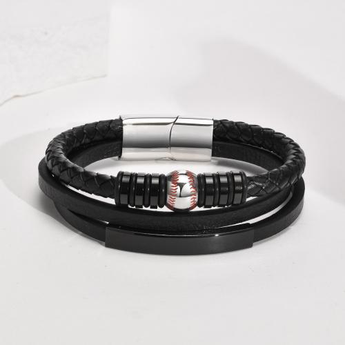 PU cavo bracciali, 304 acciaio inox, with PU microfibra, lucido, tre strati & stili diversi per la scelta & per l'uomo, nero, Lunghezza Appross. 8.27 pollice, Venduto da PC