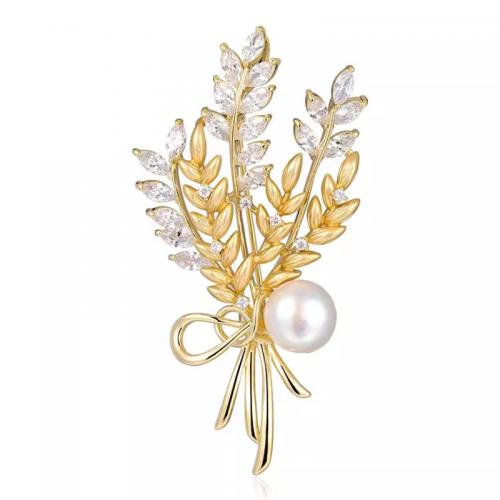 Zinklegering broches, Zinc Alloy, met Kristal & Plastic Pearl, tarwe, mode sieraden & voor vrouw, gouden, nikkel, lood en cadmium vrij, 55x34mm, Verkocht door PC