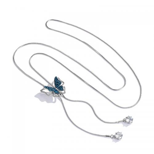 Collier en alliage de zinc Pull, papillon, Réglable & pour femme & avec strass, argent, protéger l'environnement, sans nickel, plomb et cadmium, 28mm, Vendu par Environ 35.43 pouce brin