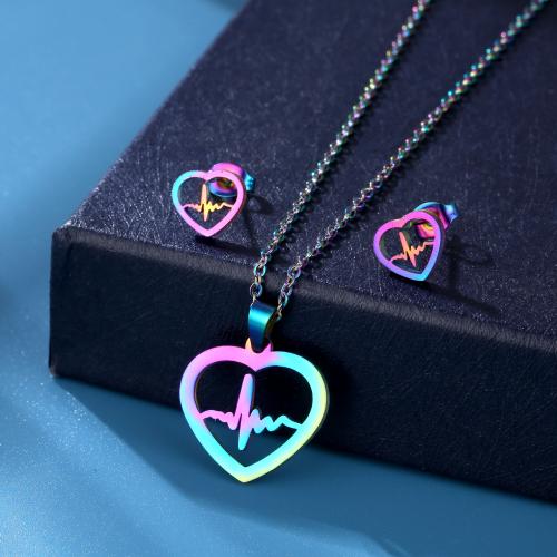 Conjuntos de joyería de acero inoxidable, Pendiente de stud & collar, acero inoxidable 304, Corazón, pulido, para mujer, multicolor, longitud aproximado 45 cm, Vendido por Set