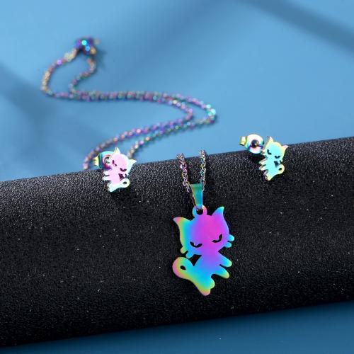 Roestvrij staal sieraden sets, Stud Oorbel & halsketting, 304 roestvrij staal, Hello Kitty, gepolijst, voor vrouw, multi-gekleurde, Lengte Ca 45 cm, Verkocht door Stel