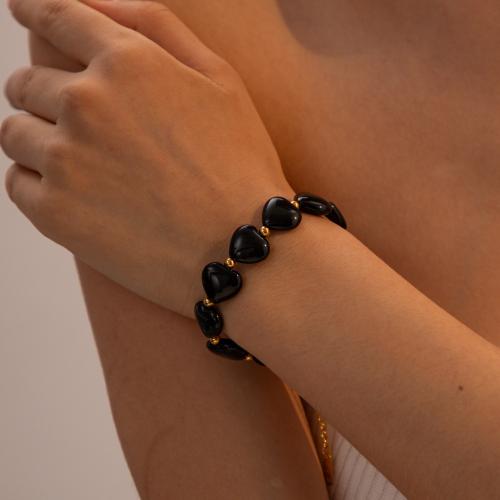 Bracciale gioielli in acciaio inossidabile, 304 acciaio inox, with Shell Pearl & agata nero, with 5.5cm extender chain, Cuore, placcato, gioielli di moda, nero, Lunghezza 16 cm, Venduto da PC