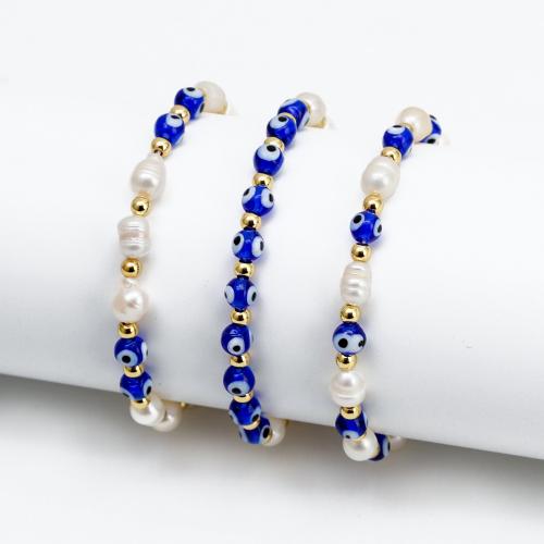 Evil Eye Jewelry Bracelet Lampwork with Plastic Pearl & Brass gold color plated fashion jewelry & Unisex Length Approx 18 cm Sold By PC