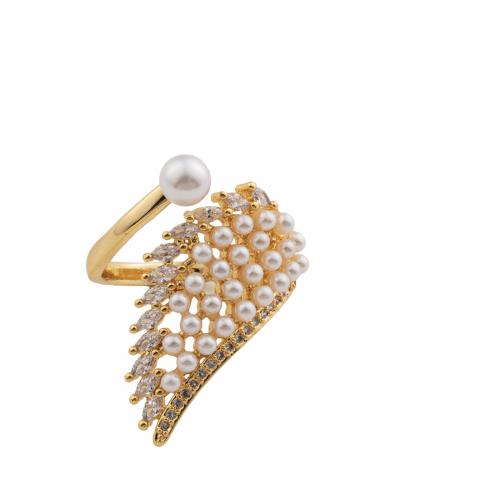 Kubieke Circonia Micro Pave Brass Ring, Messing, met Plastic Pearl, 14K vergulde, mode sieraden & micro pave zirconia & voor vrouw, nikkel, lood en cadmium vrij, 27x22x2mm, Binnendiameter:Ca 17mm, Verkocht door PC