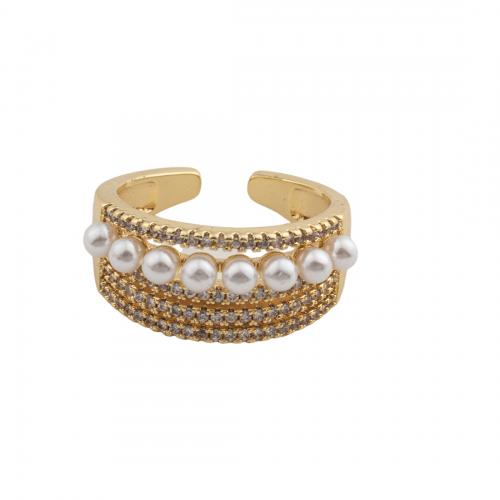 Kubieke Circonia Micro Pave Brass Ring, Messing, met Plastic Pearl, 14K vergulde, mode sieraden & micro pave zirconia & voor vrouw, nikkel, lood en cadmium vrij, 23x22x4mm, Binnendiameter:Ca 18mm, Verkocht door PC