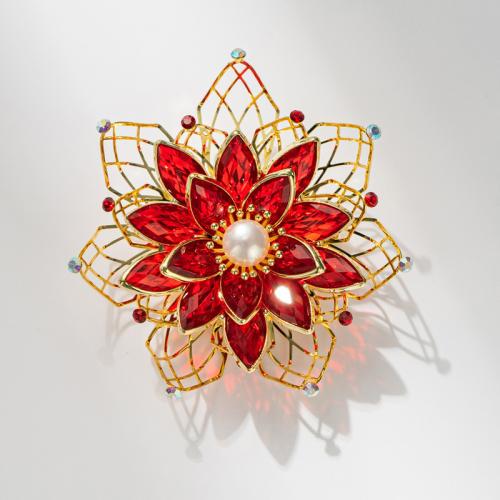 Cubic Zirconia Broche, Messing, med Magnet & Ferskvandsperle, Flower, forgyldt, mode smykker & Micro Pave cubic zirconia, rød, nikkel, bly & cadmium fri, 55x55mm, Solgt af PC