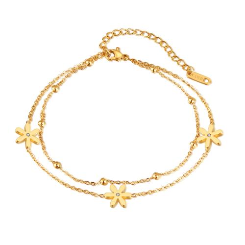 Anklet de acero inoxidable, acero inoxidable 304, con 7cm extender cadena, Doble capa & micro arcilla de zirconia cúbica & para mujer, dorado, libre de níquel, plomo & cadmio, longitud aproximado 22 cm, Vendido por UD