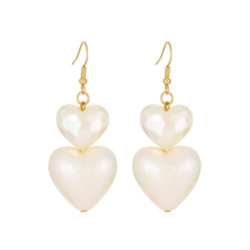 Zinc Alloy Øreringe, med Plastic Pearl, Heart, forgyldt, mode smykker & for kvinde, hvid, nikkel, bly & cadmium fri, 62x25mm, Solgt af par