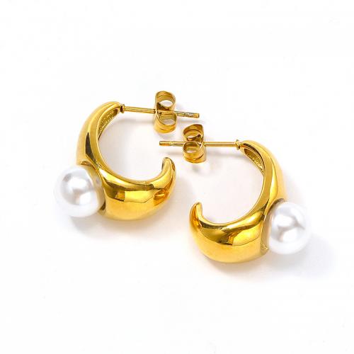 Titanium Steel  Earring with Plastic Pearl Vacuum Ion Plating for woman golden Sold By Pair