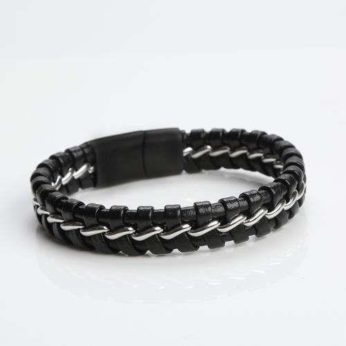 Pulseras de Cordón de PU, Cuero de PU, con Partículas de acero, Joyería & para hombre, Negro, longitud aproximado 21 cm, Vendido por UD