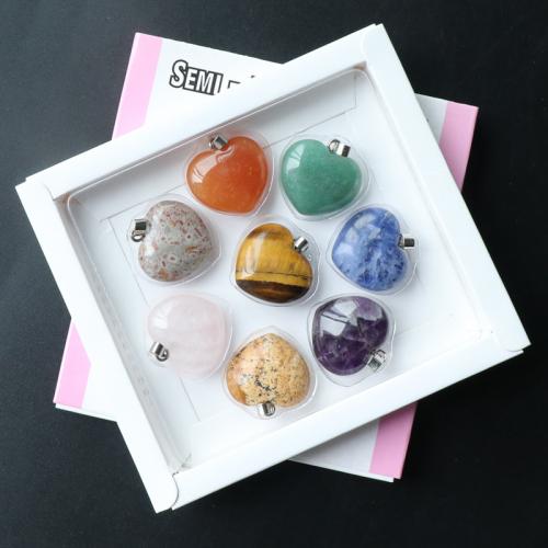 Gemstone Hängen Smycken, Ädelsten, med Järn, Hjärta, DIY, blandade färger, 24x28mm, 8PC/Box, Säljs av Box